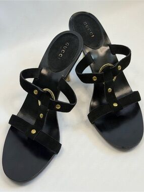Gucci Vintage Tom Ford Era Black Suede Gold Metal Stiletto Heel Sandals 7.5 B